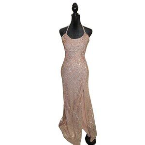 Morgan & Co Gorgeous Gold Sequined Cowl Neck Strappy Evening Gown Dress sz 1